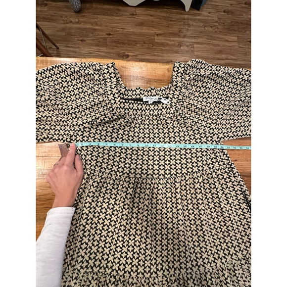 Polagram Boho Black Cream Floral Textured Puff Sleeve Tiered Babydoll Midi Dress - Picture 9 of 13